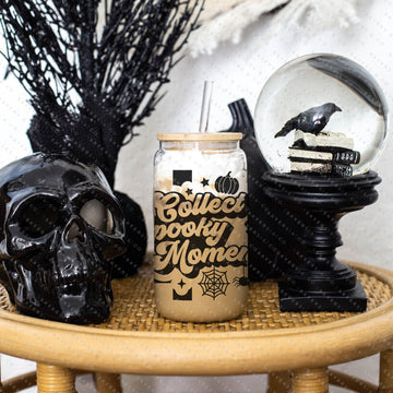 16oz Leopard Skull Halloween Glass Cup with Bamboo Lid & Straw #100191