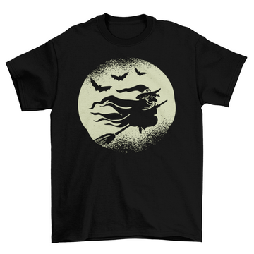 Witch Flying Broom Bats Silhouette Full Moon Backdrop Halloween