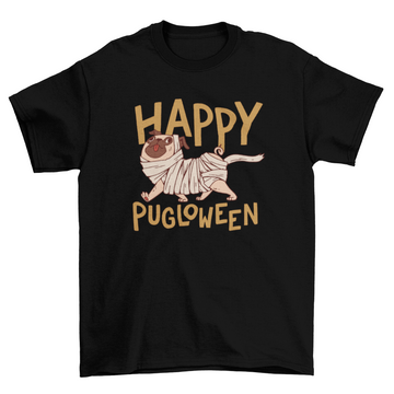 Halloween mummy dog cartoon with quote "Happy pugloween" t-shirt