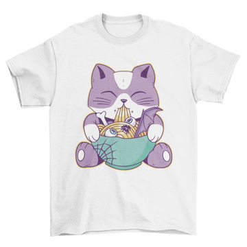 Cute cat eating halloween ramen t-shirt design