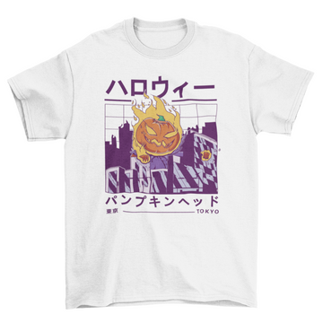 Halloween pumpkin in vaporwave city t-shirt