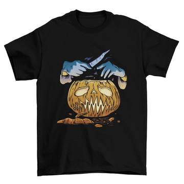 Halloween pumpkin and knife hands t-shirt design