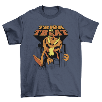 Spooky cool pumpkin halloween monster attacking city w/ quote 'Trick