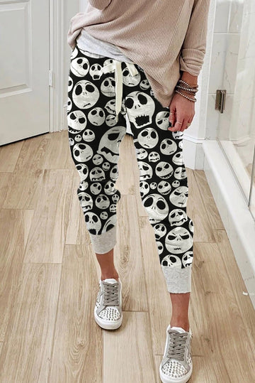 Skull Print Halloween Drawstring Casual Pants