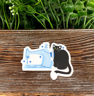 Black Cat and Sewing Machine, Die Cut Vinyl Sticker, , Boho Fun, Water