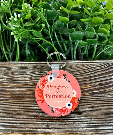 Progress over Perfection, MDF Round Keychain, , Boho Fun, Sublimation,