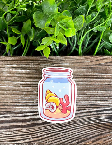 Seashells in a Mason Jar, Die Cut Vinyl Sticker, Boho Fun, Water