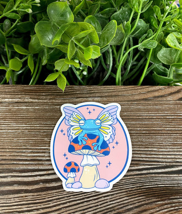 Frog w/ Wings Sitting on Mushroom, Die Cut Vinyl Sticker, Boho Fun,