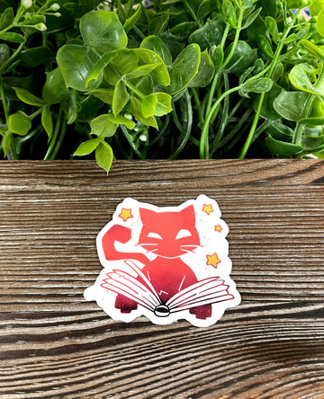 Halloween Orange Cat Reading a Book, Die Cut Vinyl Sticker, Boho Fun,