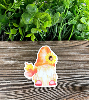 Fall Gnome Sunflower and Maple Leaf, Die Cut Vinyl Sticker, Boho Fun,
