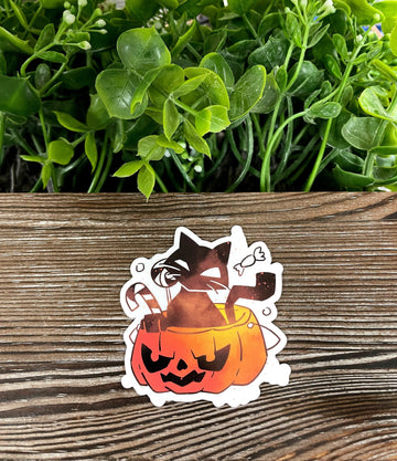 Halloween Black Cat in Pumpkin Bucket of Candy, Die Cut Vinyl Sticker,