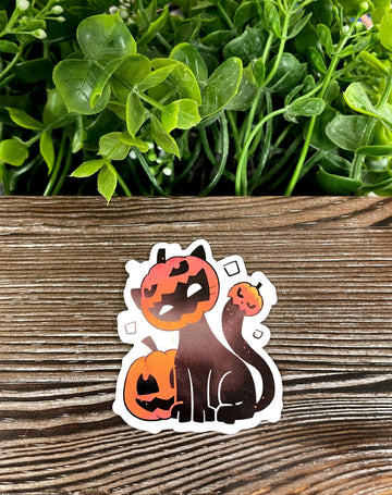 Halloween Black Kitty Wearing a Pumpkin, Die Cut Vinyl Sticker, Boho