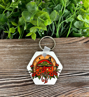 Horseshoe Mushrooms Vines, MDF Hexagon Keychain, , Boho Fun, Flowers