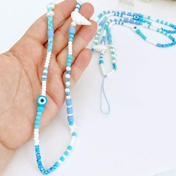 Evil Eye Phone Charm Strap, Phone Landyard, White Blue Beaded Phone