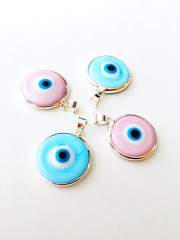 2pcs silver plated evil eye pendants, baby blue baby pink evil eye