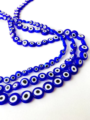 Dark blue evil eye 6mm to 10mm, flat evil eye beads, flat glass beads,