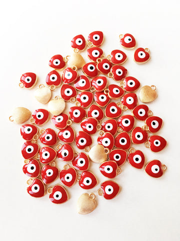 5pc heart evil eye charm, enamel evil eye connector, gold plated evil
