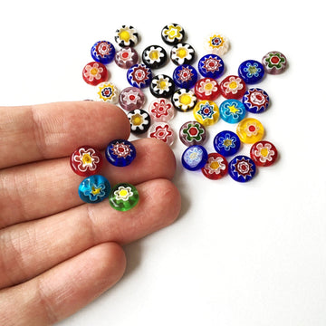 10mm 8mm millefiori flat coin glass beads, 35-45 pcs evil eye flat