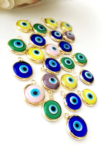 2pcs gold plated evil eye pendants, 12mm evil eye charms, glass evil