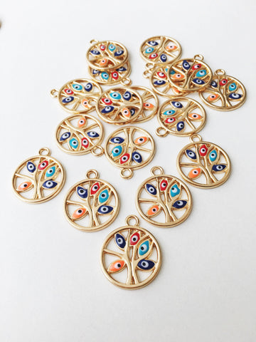 2 pcs Tree of life evil eye charm, gold plated evil eye, tree of life