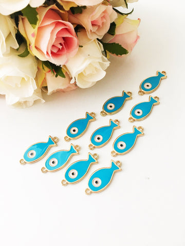Evil eye charm, turquoise pendant, 2 pcs fish charm for necklace, evil