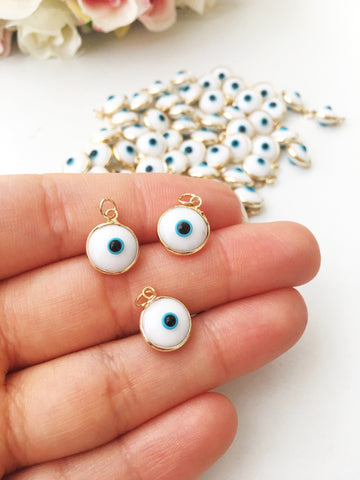 White evil eye beads, evil eye charm, glass evil eye charm, evil eye
