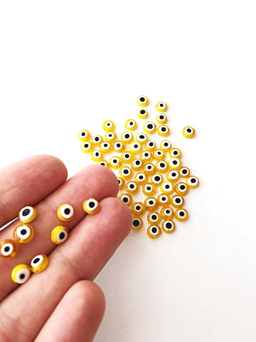 Yellow evil eye beads - Flat glass bead - 6mm to 12mm