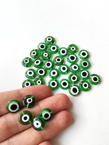 Flat evil eye glass beads- 6mm to 12mm- green evil eye beads- evil eye