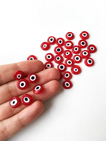 Red evil eye 6mm to 12mm - flat glass beads - nazar evil eye set of 30