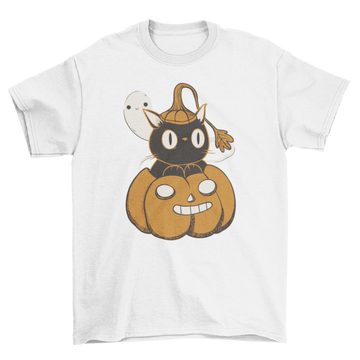 Halloween Black Cat inside Pumpkin with Ghost T-Shirt