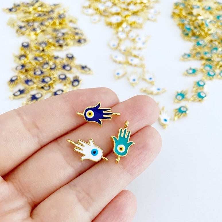 Hamsa Hand Evil Eye Charm, Hamsa Hand Connector, Blue White Hamsa