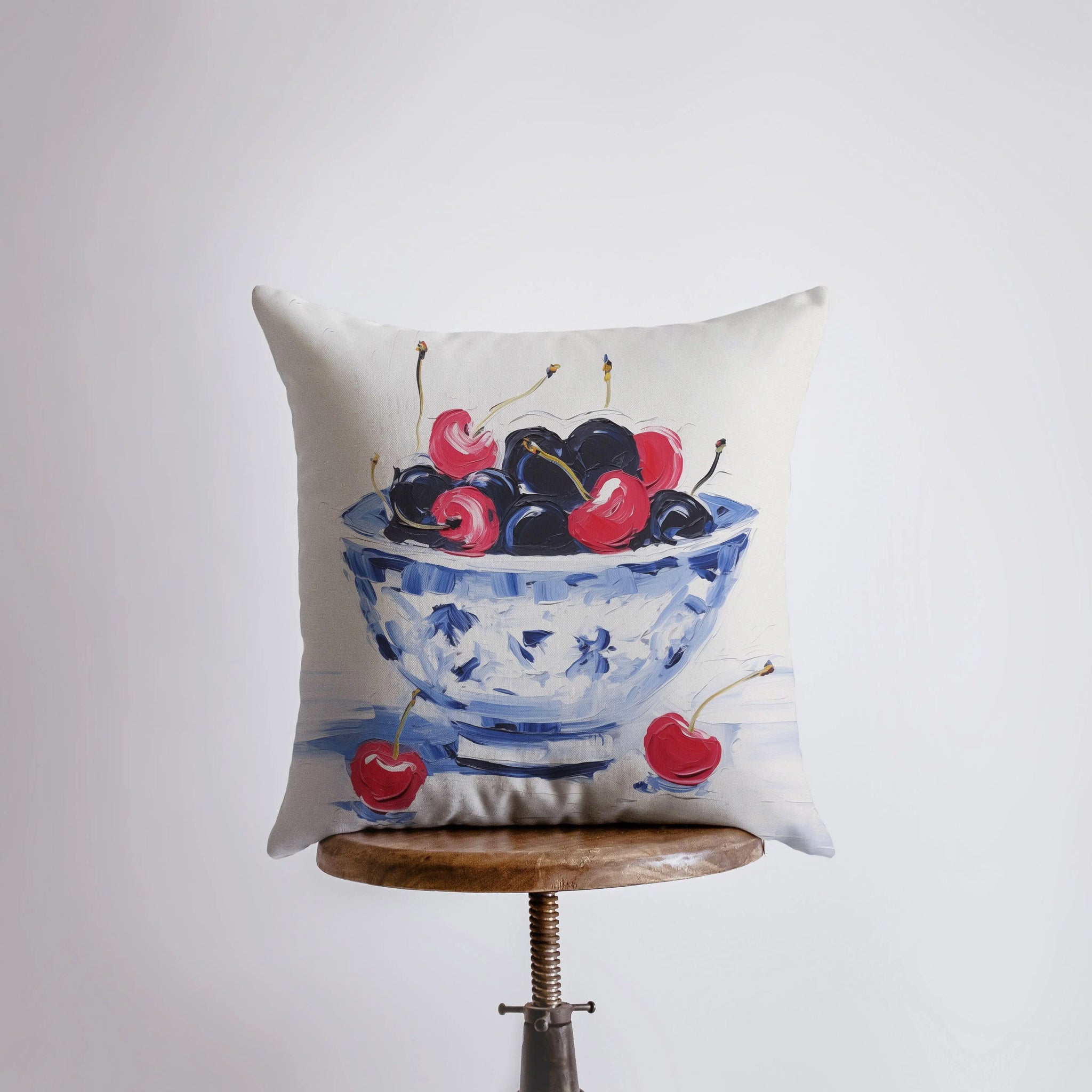Black and Red Cherry Bowl | Gouache Painting | Food Pillow | Fruit |