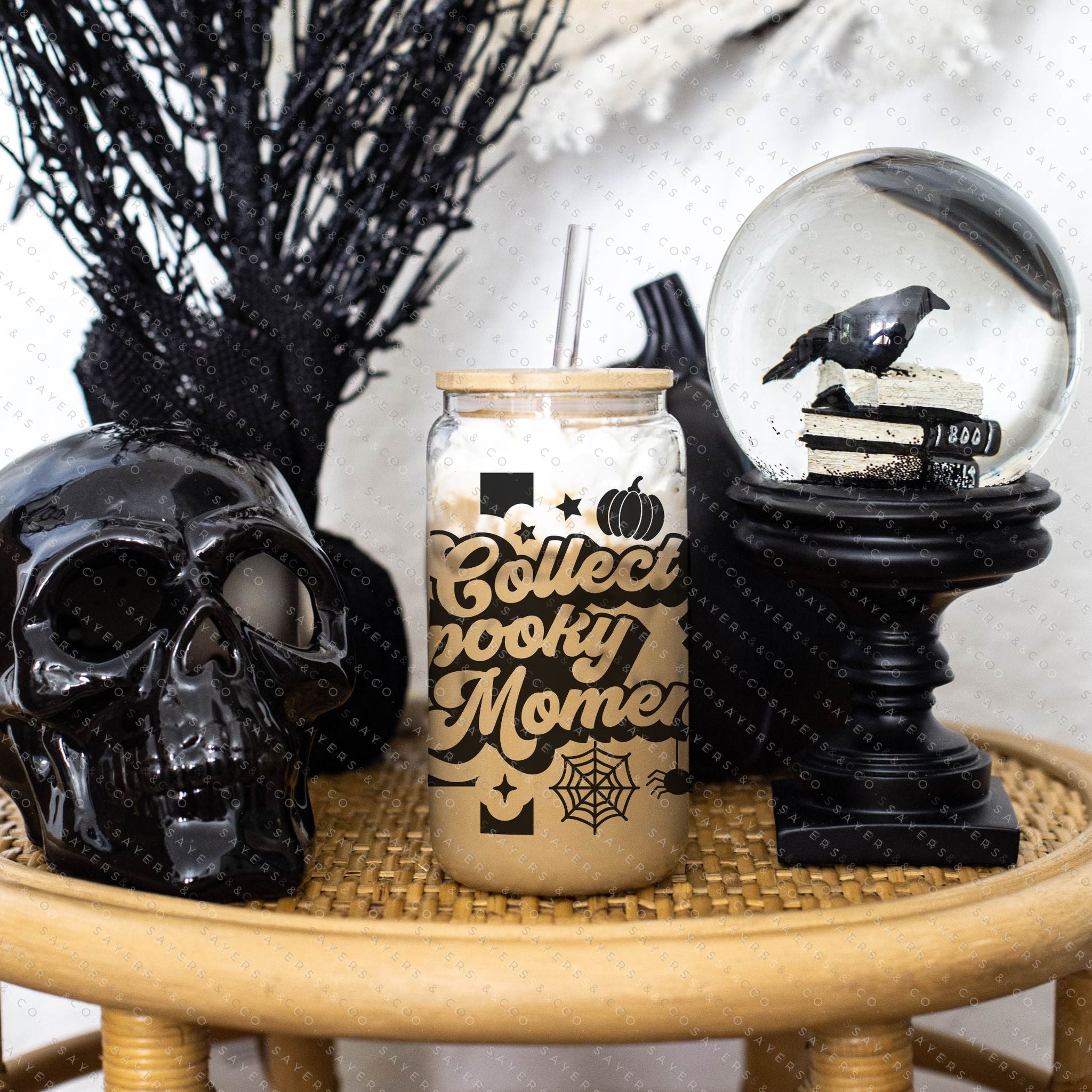 16oz Leopard Skull Halloween Glass Cup with Bamboo Lid & Straw #100191