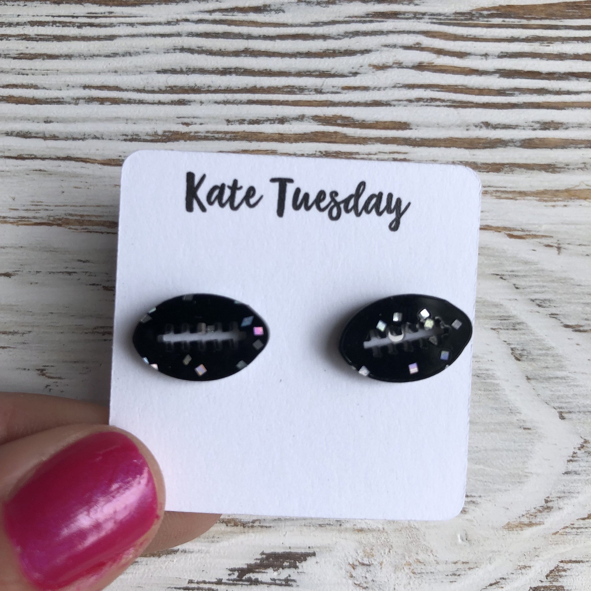 Black Galaxy Glitter Football Sparkly Stud Acrylic Earrings