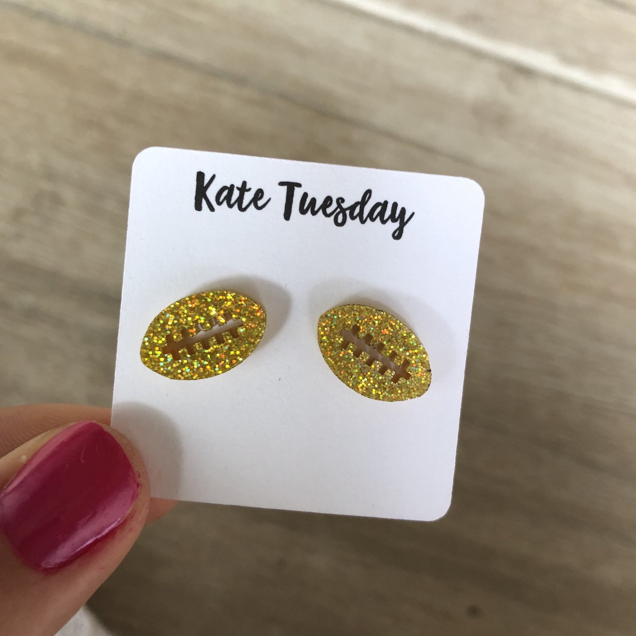 Holographic Gold Glitter Football Sparkly Stud Acrylic Earrings