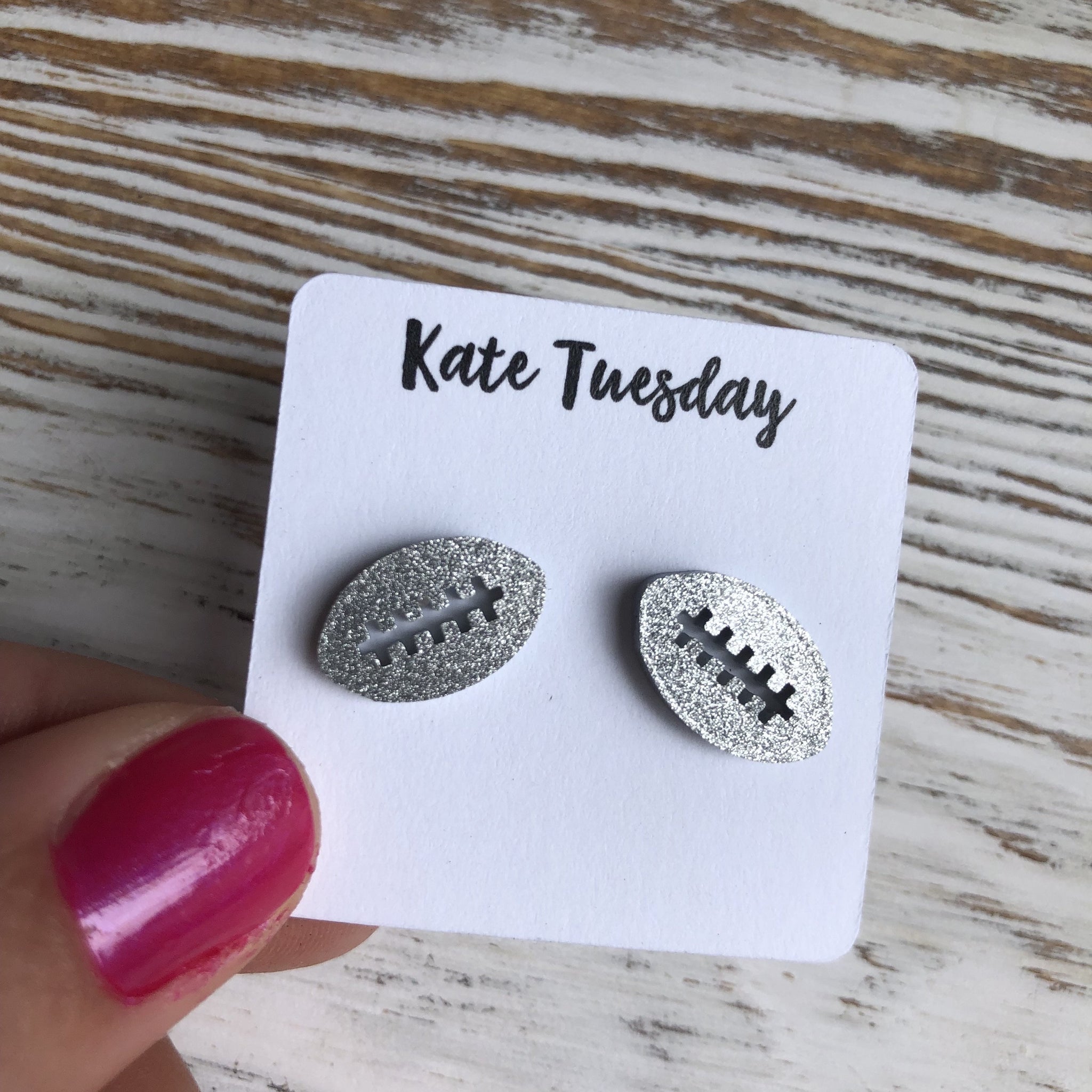 Silver Glitter Football Sparkly Stud Acrylic Earrings