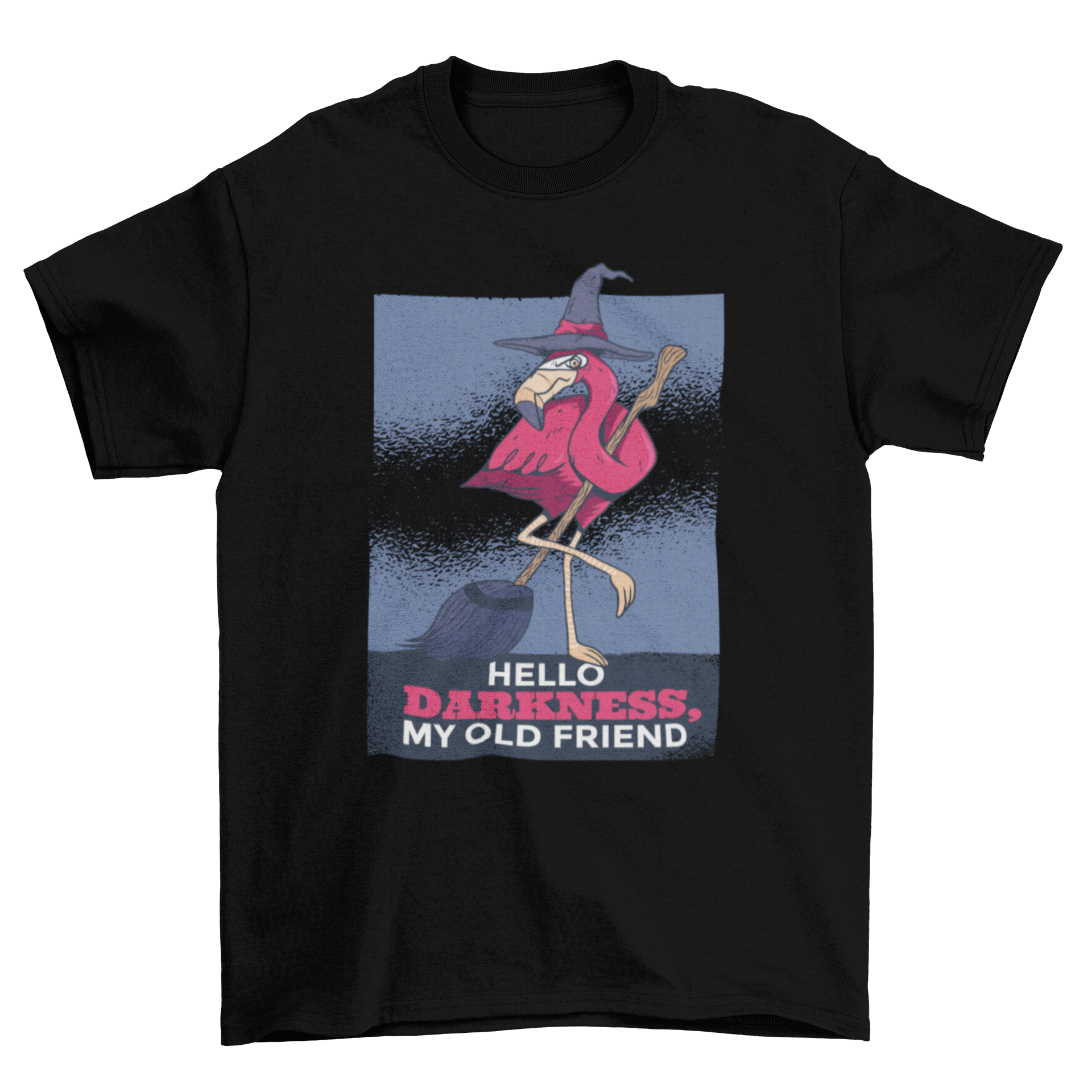 Halloween Pink Flamingo witch with a quote Hello darkness my old