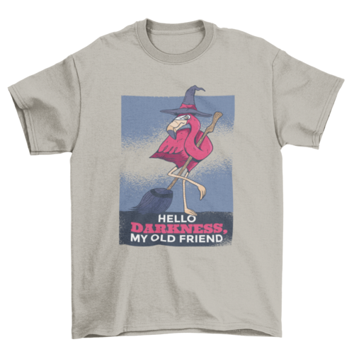 Halloween Pink Flamingo witch with a quote Hello darkness my old