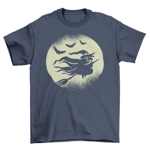 Witch Flying Broom Bats Silhouette Full Moon Backdrop Halloween