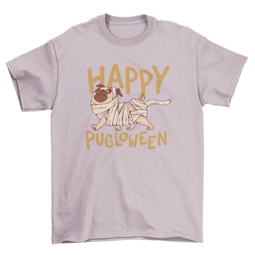 Halloween mummy dog cartoon with quote "Happy pugloween" t-shirt