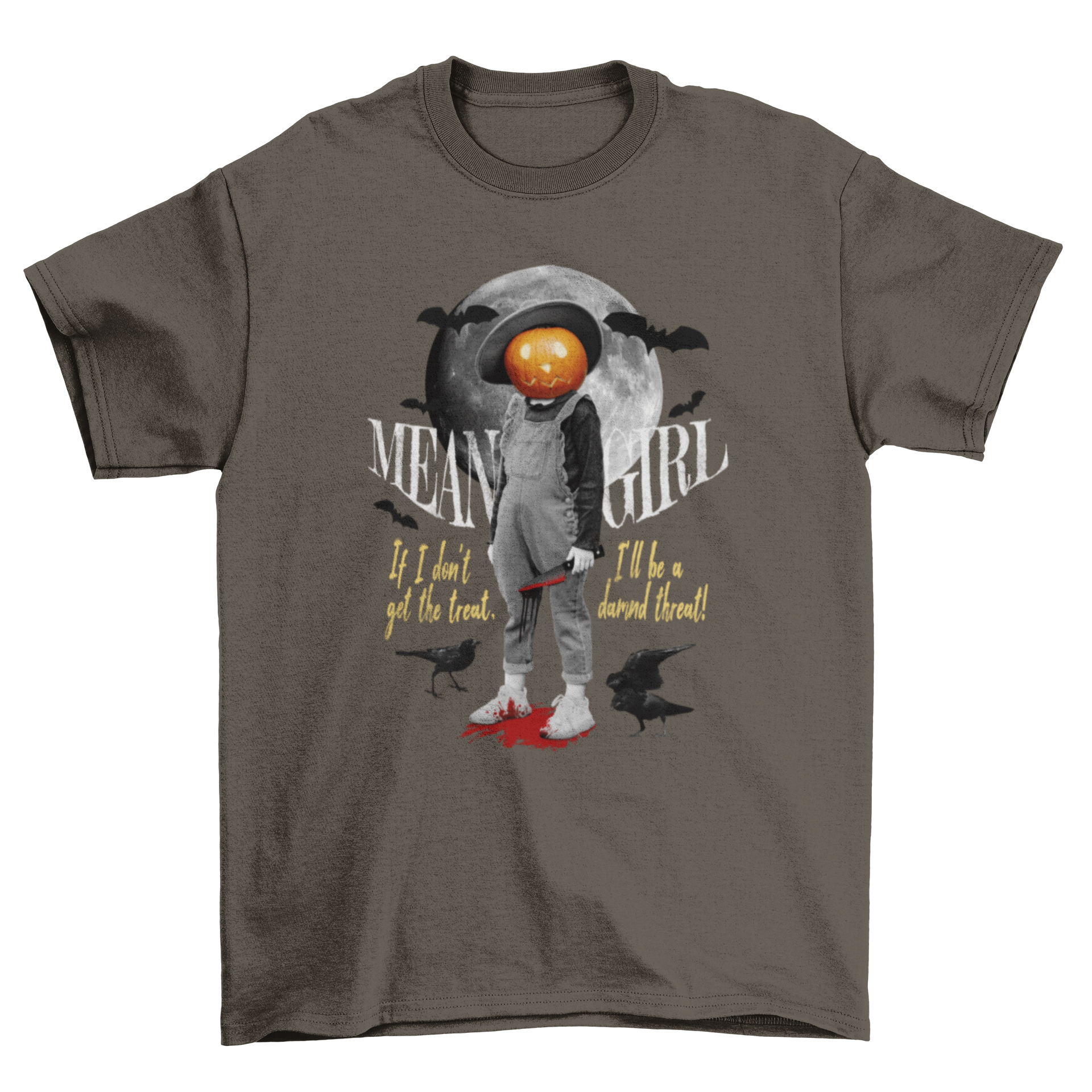 Scary Creepy Dark Halloween pumpkin Head Holding Knife quote "Mean