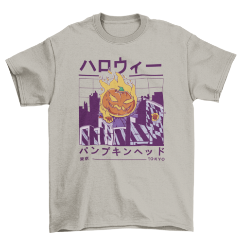 Halloween pumpkin in vaporwave city t-shirt