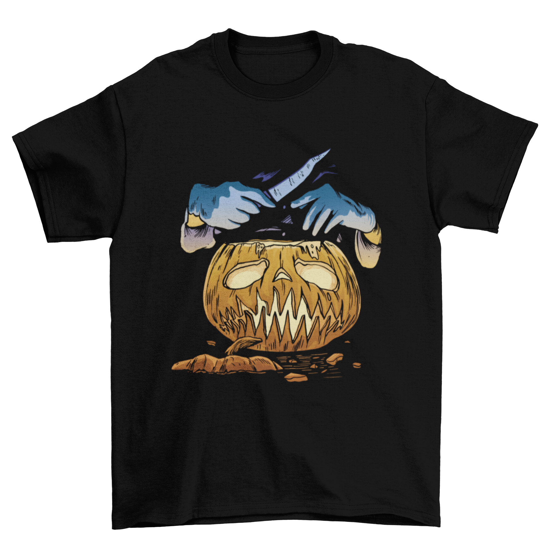 Halloween pumpkin and knife hands t-shirt design