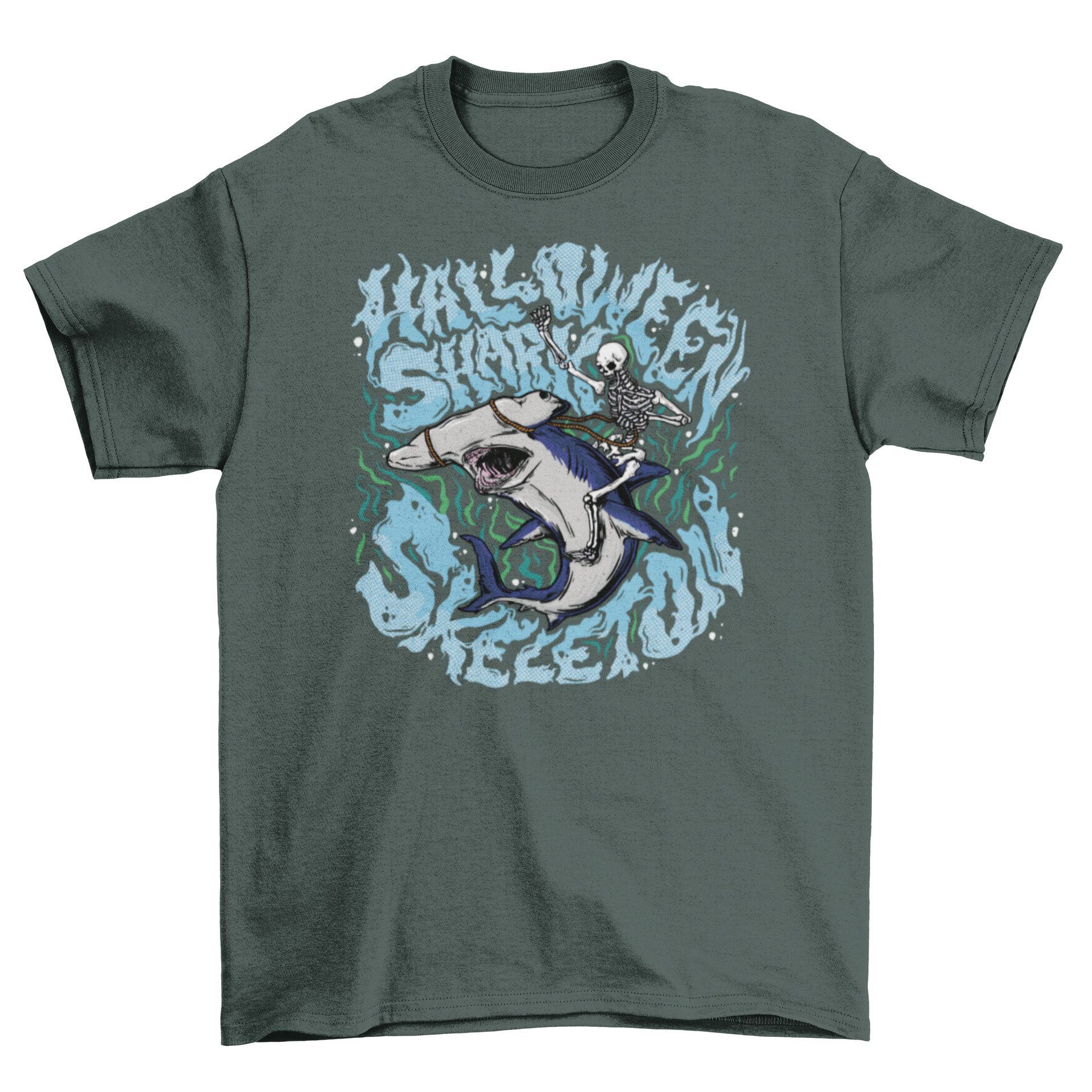 Trippy Halloween shark and skeleton t-shirt