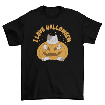 Cat in halloween pumpkin t-shirt