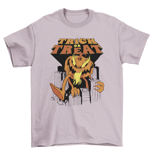 Spooky cool pumpkin halloween monster attacking city w/ quote 'Trick