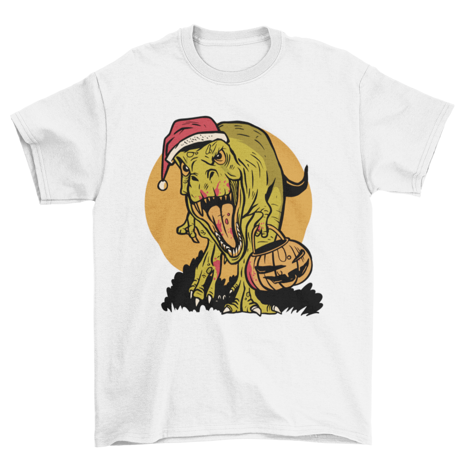 Cool Halloween Christmas T-rex dinosaur w/ pumpkin t-shirt