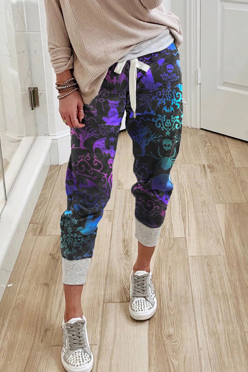 Skull Print Halloween Drawstring Casual Pants