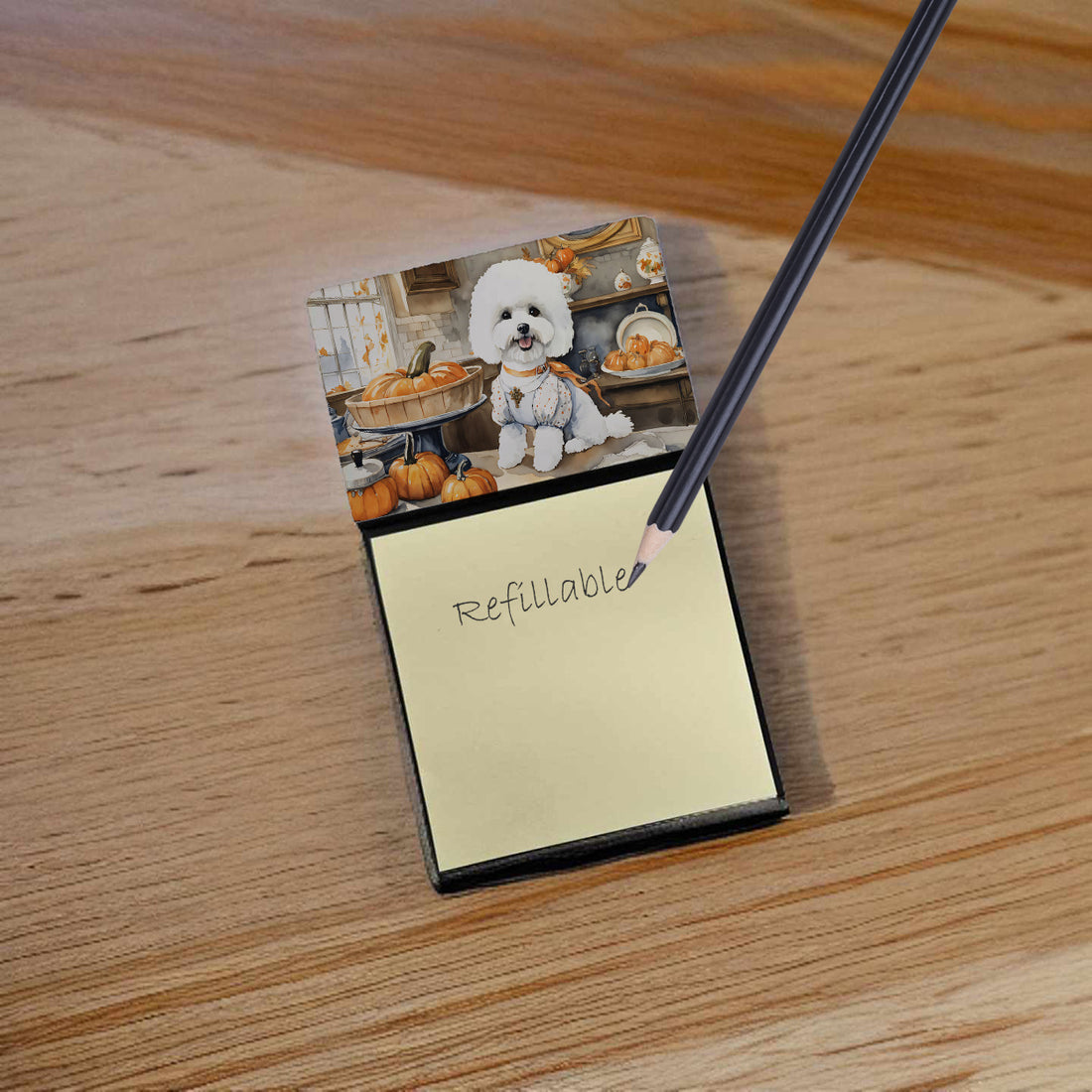 NEW Bichon Frise Fall Kitchen Pumpkins Sticky Note Holder Refillable Dispenser Self-Sticky Note Pads, Memo Pads Blank Desk Accessories