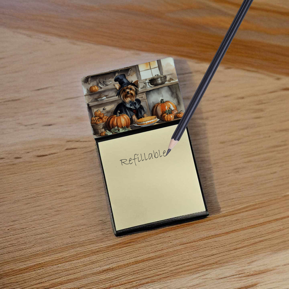 NEW Yorkie Fall Kitchen Pumpkins Sticky Note Holder Refillable Dispenser Self-Sticky Note Pads, Memo Pads Blank Desk Accessories